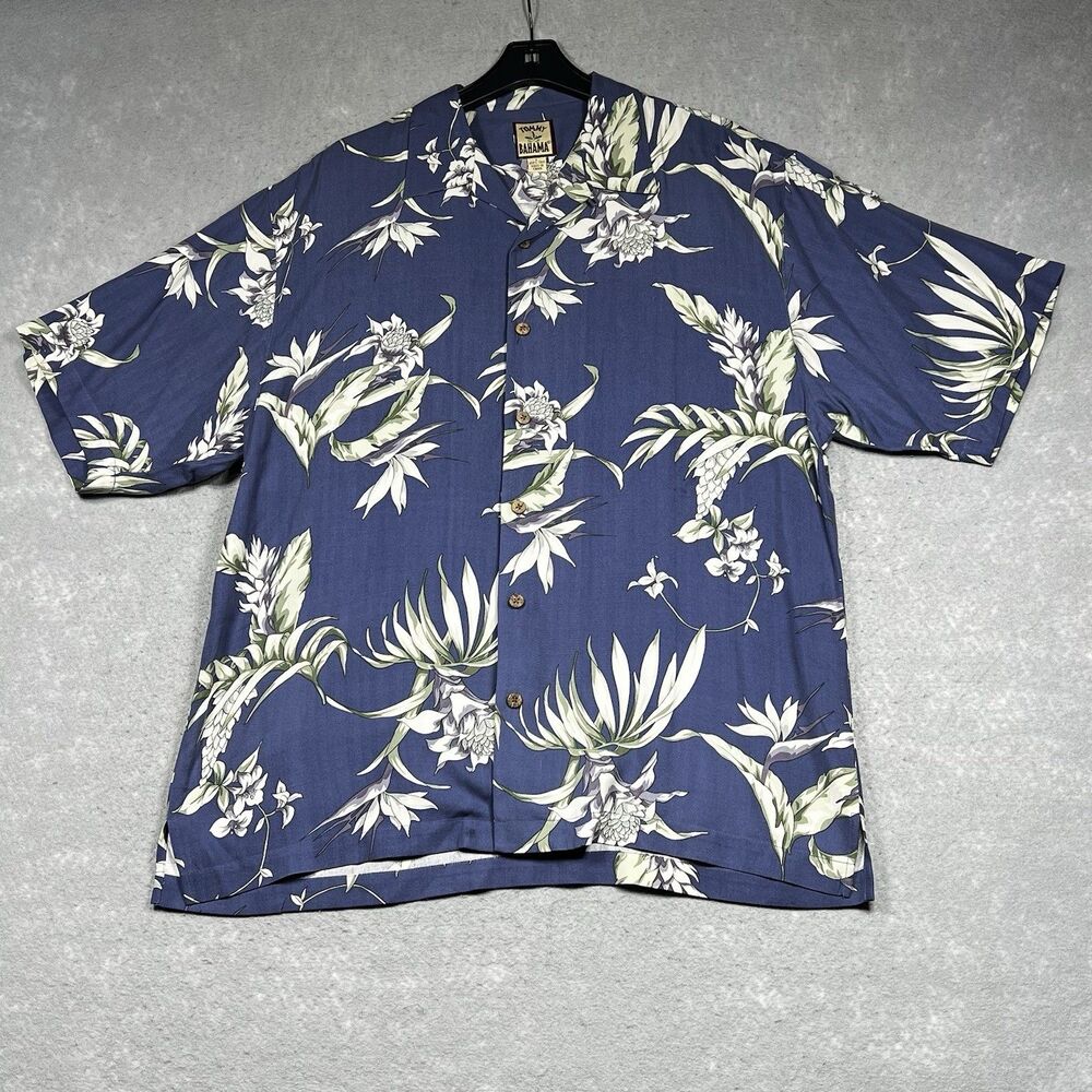 Tommy Bahama Shirt Mens Size Large Blue Floral Silk Button Up Hawaiian Relaxed